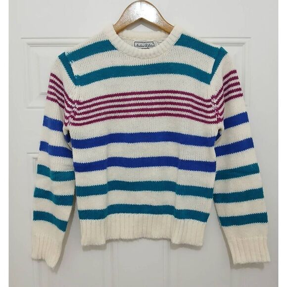 Vintage Andrew st john womens small blue green stipe crewneck sweater - Picture 1 of 5